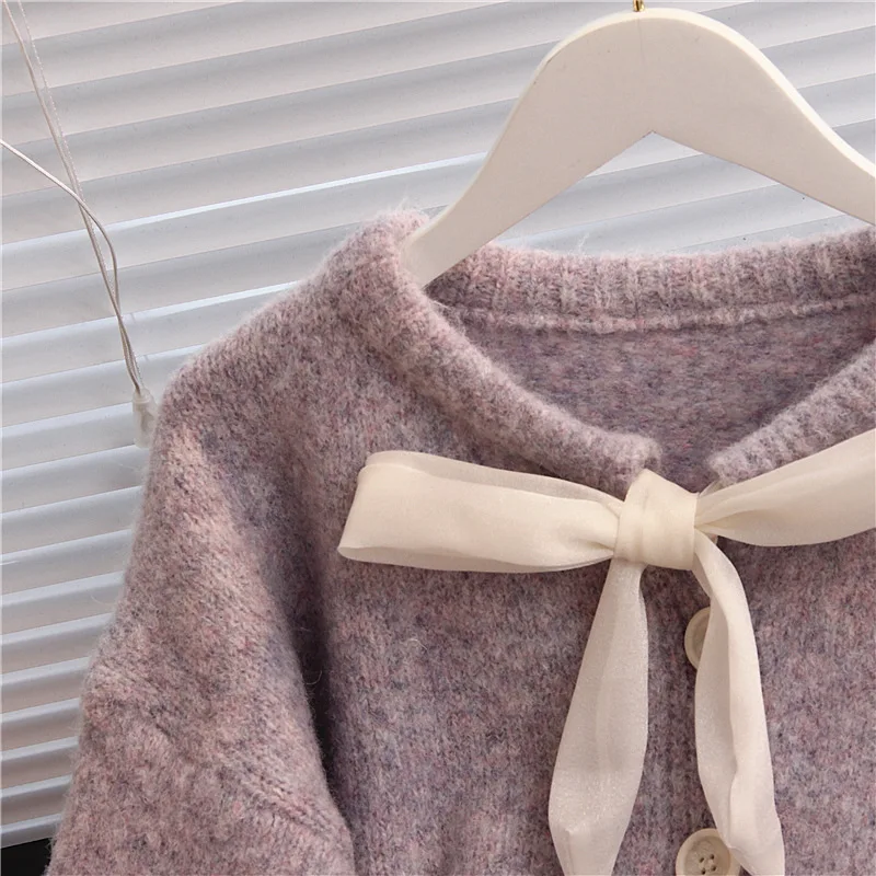 Early autumn 2024 Korean style fashion purple cardigan BOW knitted sweater female cardigan autumn and winter new o neck Poncho