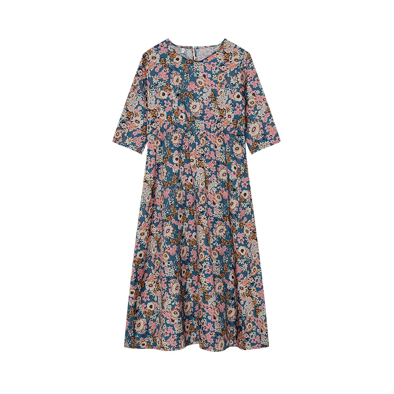 Spring Summer Printed Round Neck Casual Set Loose Long Dress with Pockets Middle Sleeve Cross-Border Women's Fashion