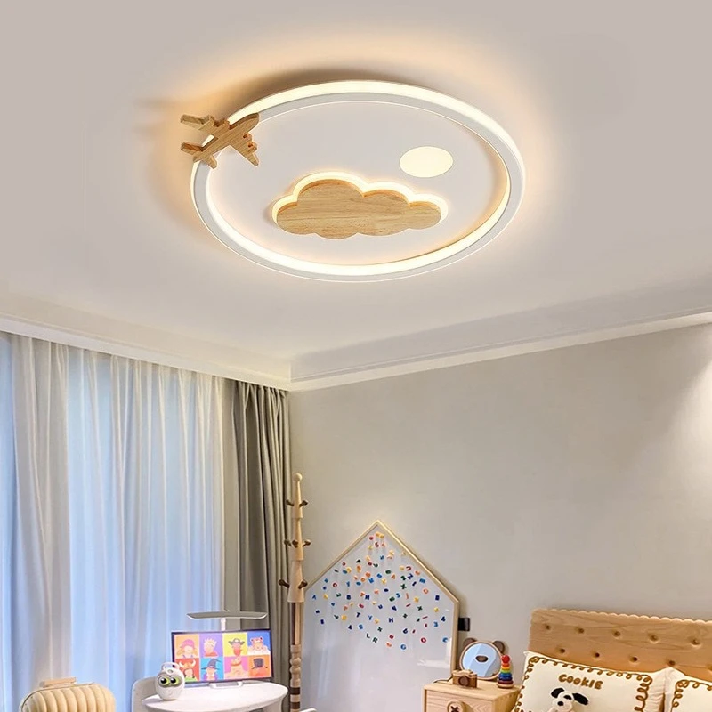 Wooden Style Airplane Cloud Ceiling Light, Simple and Creative Eye Protection Lighting Fixture for Bedroom Children's Room Study