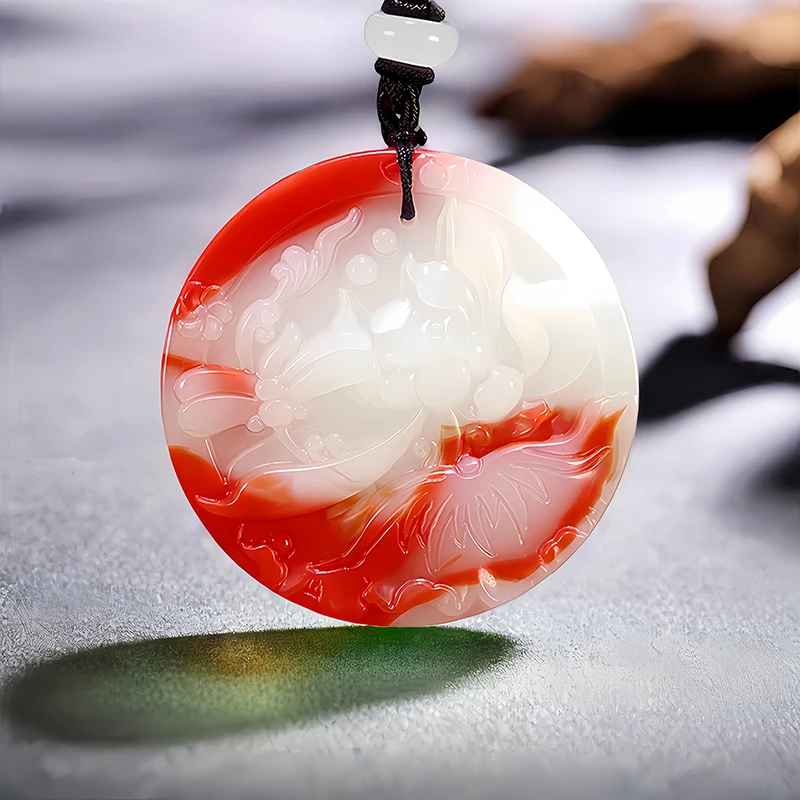 Red White Real Jade Lotus Pendant Necklace Charm Accessories Natural Fashion Amulet Gift Carved Jewelry Gifts for Women Stone