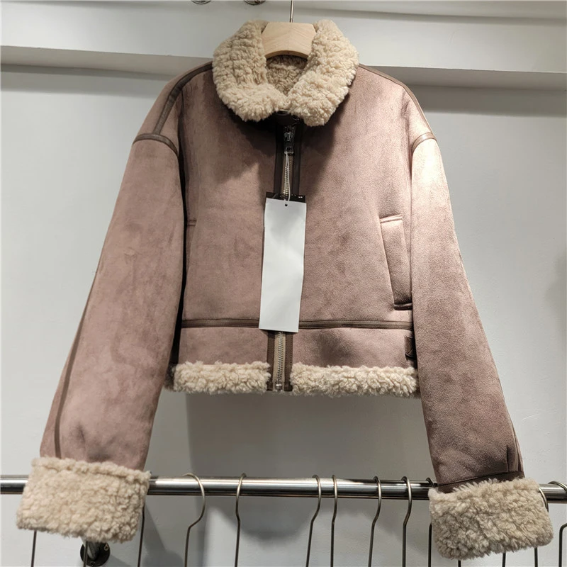 DEAT Women's Coat Patchwork Lamb Fur Stand Collar Thick Zipper Motorcycle Retro Suede Jackets 2024 Winter New Fashion 29L8790