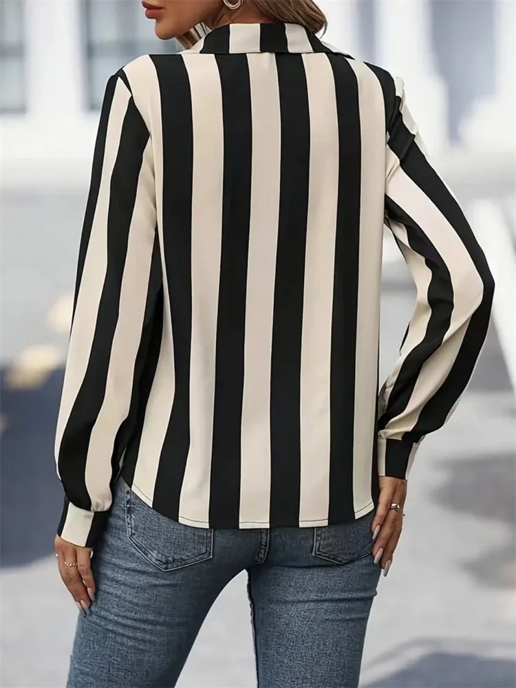 Women Spring Autumn Style Blouses Shirts Lady Casual Long Sleeve Turn-down Collar Striped Printed Blouse Tops DF5013