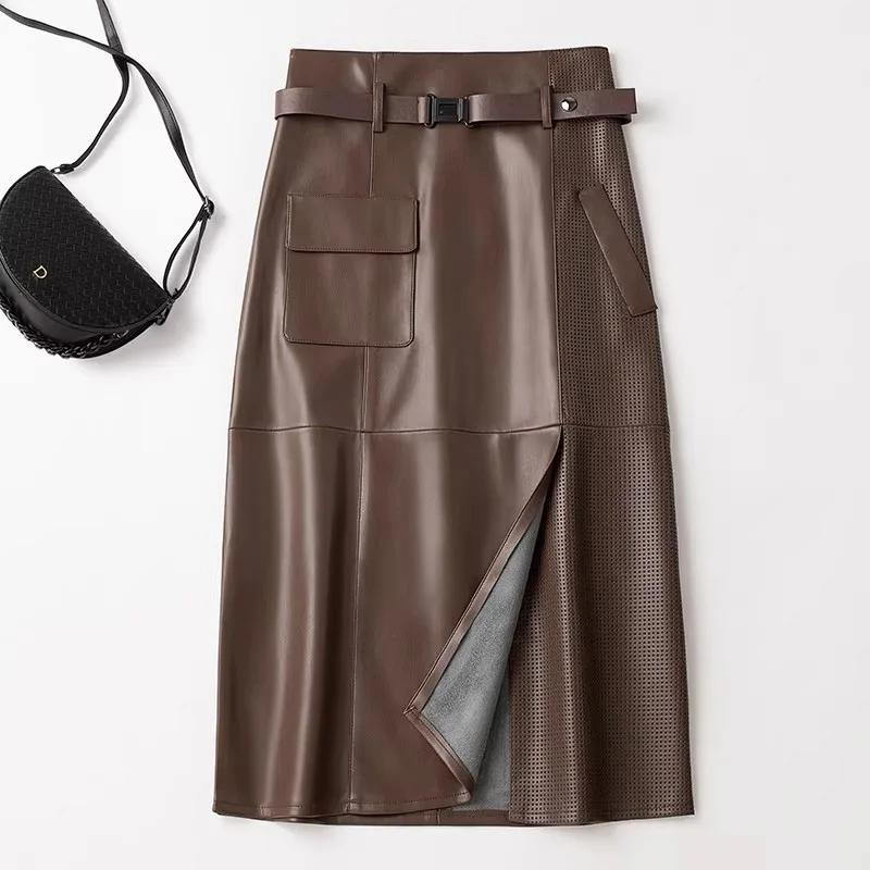 

New Women Split Leather Skirt Spring Autumn Fashion Simplicity High Waist Package Hip Skirt Casual Solid Color Skirt Female