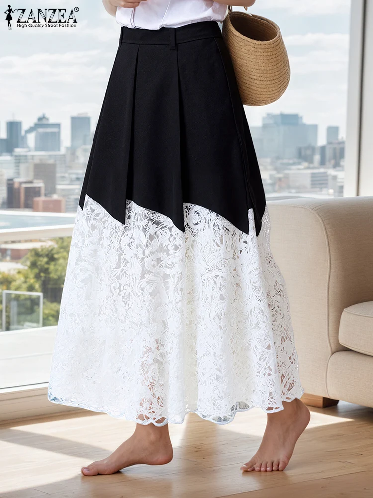 

ZANZEA 2021, осенние макси-юбки, женские модные плавки трапециевидной формы, повседневные свободные плиссированные брюки, модные кружевные лоскутные верхние юбки
