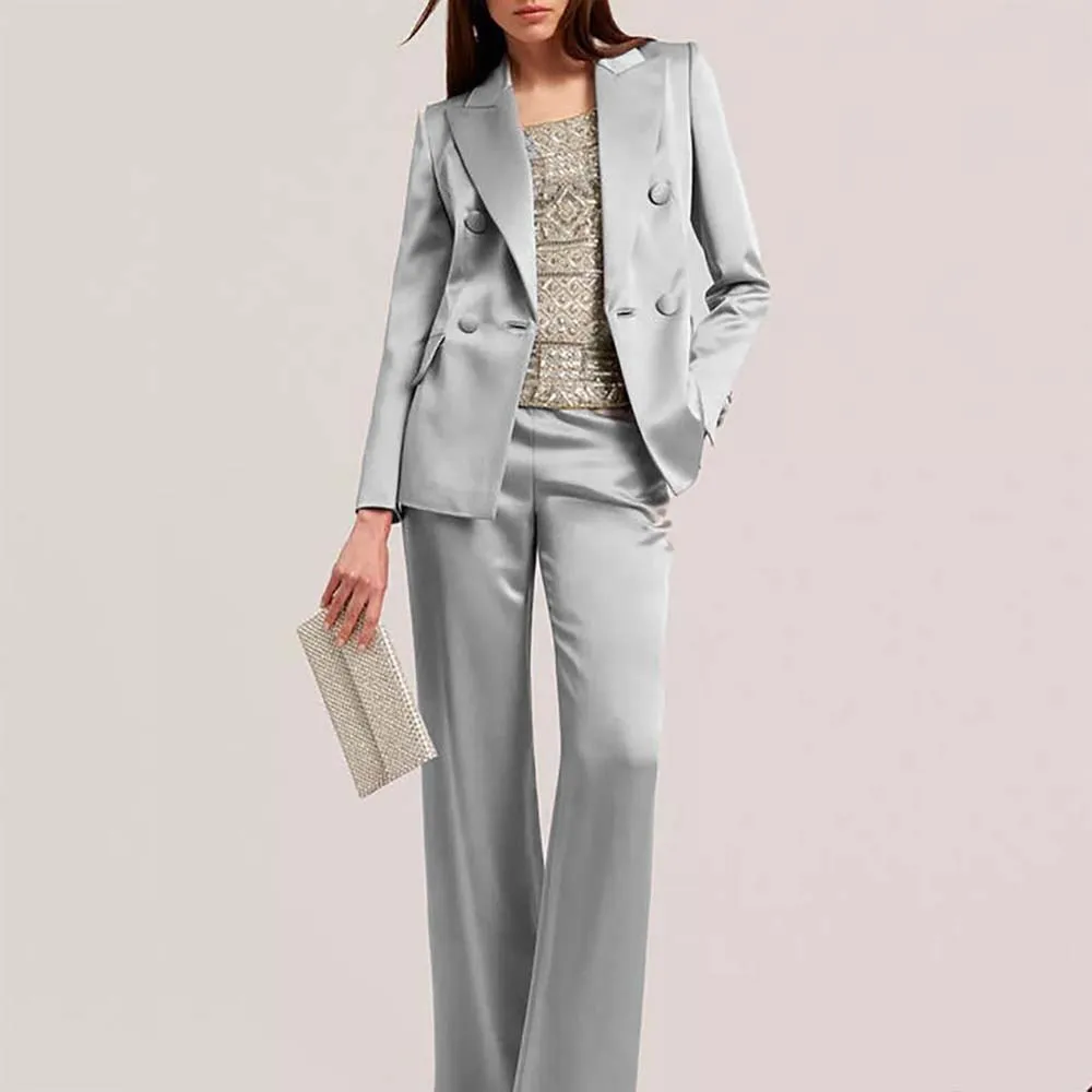 Formal 2 Piece Sets for Women Blazer Solid Color Double Breasted Peak Lapel Jacket Pants Outerwear Slim Fit Office Lady Clothing