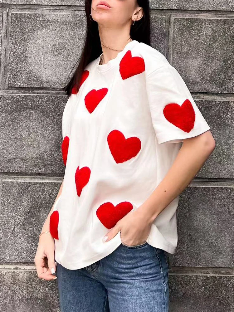 Basic 100% Cotton T-shirt for Women 2024 Summer Loose Oversized T-shirt with Heart Embroidery O-neck Pullovers Short Sleeve Tops