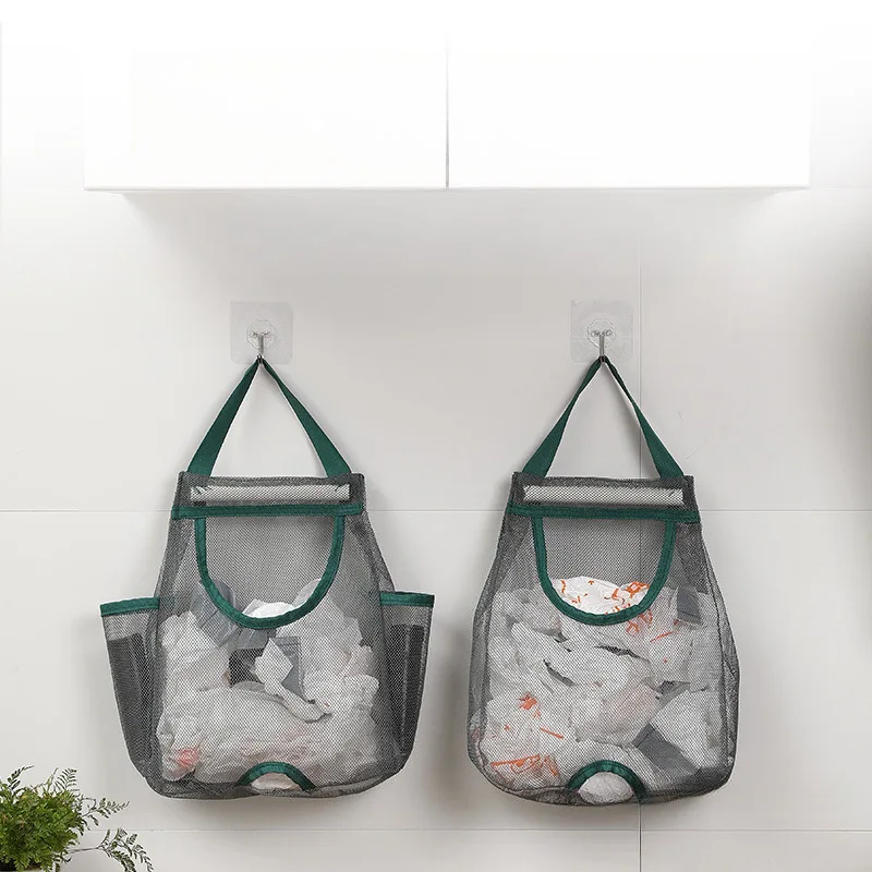 Kitchen Hanging Mesh Garbage Storage Bag, Multi-Pocket Bag Organizer, Space Saving Wall Mounted Dispenser for Home Organization