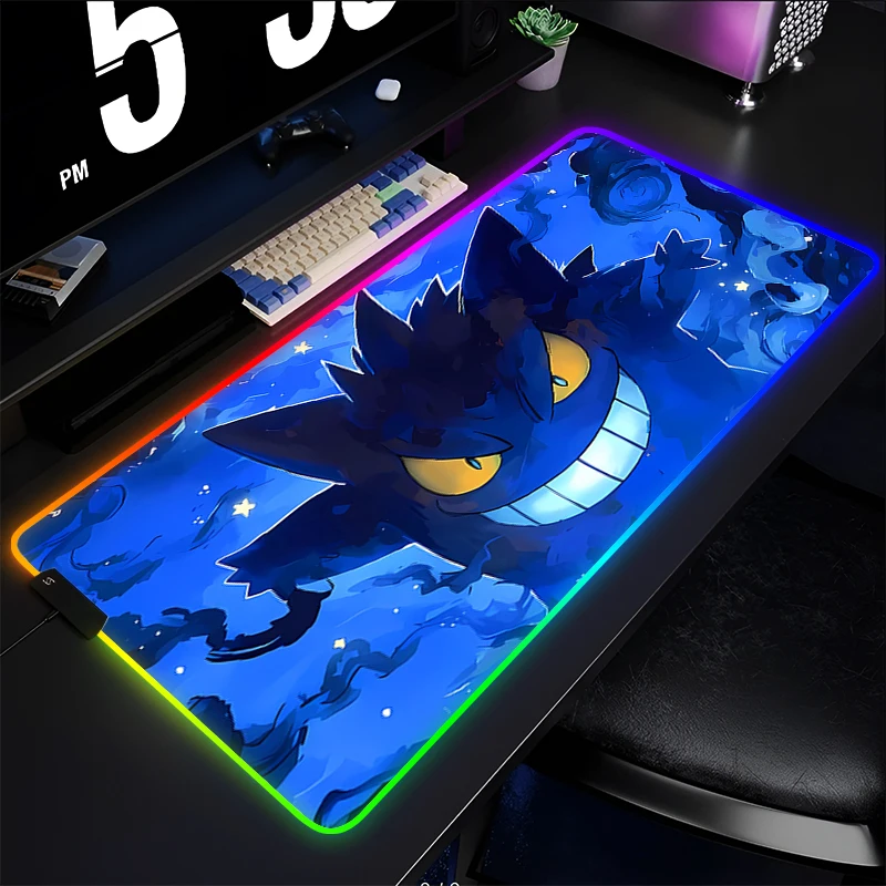 

Rubber Mouse Pad LED P-Pokemon Gengar Office Computer Desk Mat RGB Table Keyboard Carpet Accessories Gaming Mousepad Backlight