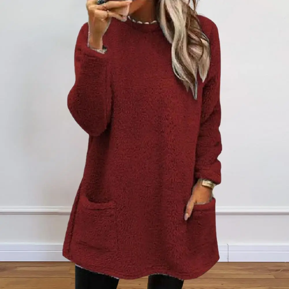 Women Round Neck Sweatshirt Cozy Plush Winter Sweatshirt with Dual Pockets for Women Stylish Mid Length Pullover Top for Office