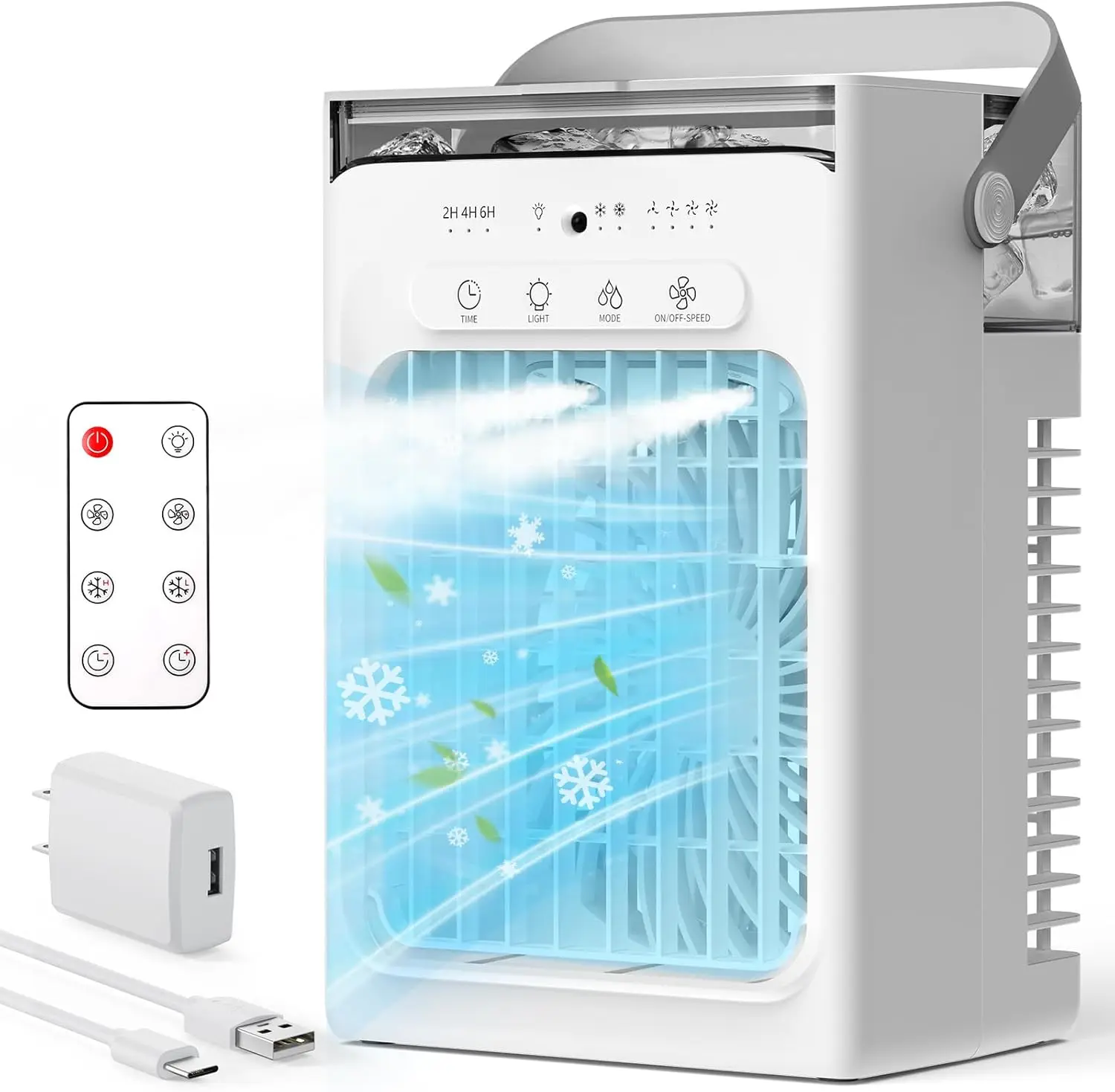 Mini Personal Evaporative Cooler, Portable AC with Remote Control, 2 Mist Levels & 4 Fan Speeds, 1100ml Tank, 2/4/6-Hour Timer, Colorful Ambient Light, USB-C Powered Desk Cooling Fan for Home Office Car