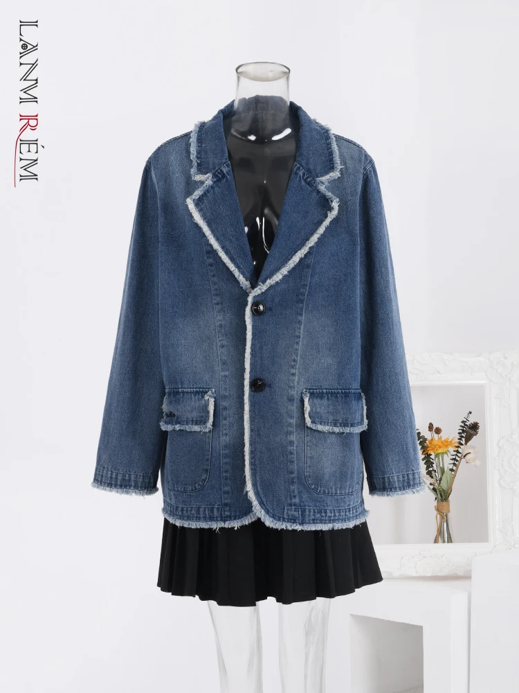 LANMREM Blue Denim Stitching Color Women's Coat Notched Collar Single Breasted Jackets Vintage 2024 Spring New Clothing 2AAa2651