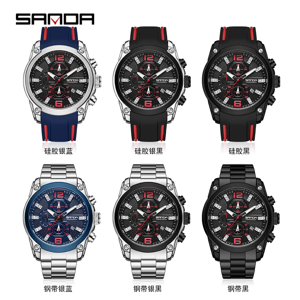 SANDA-Montres de luxe pour hommes, bracelet en silicone, militaire, étanche, sport, chronographe, montre-bracelet à quartz, horloge avec date, mode