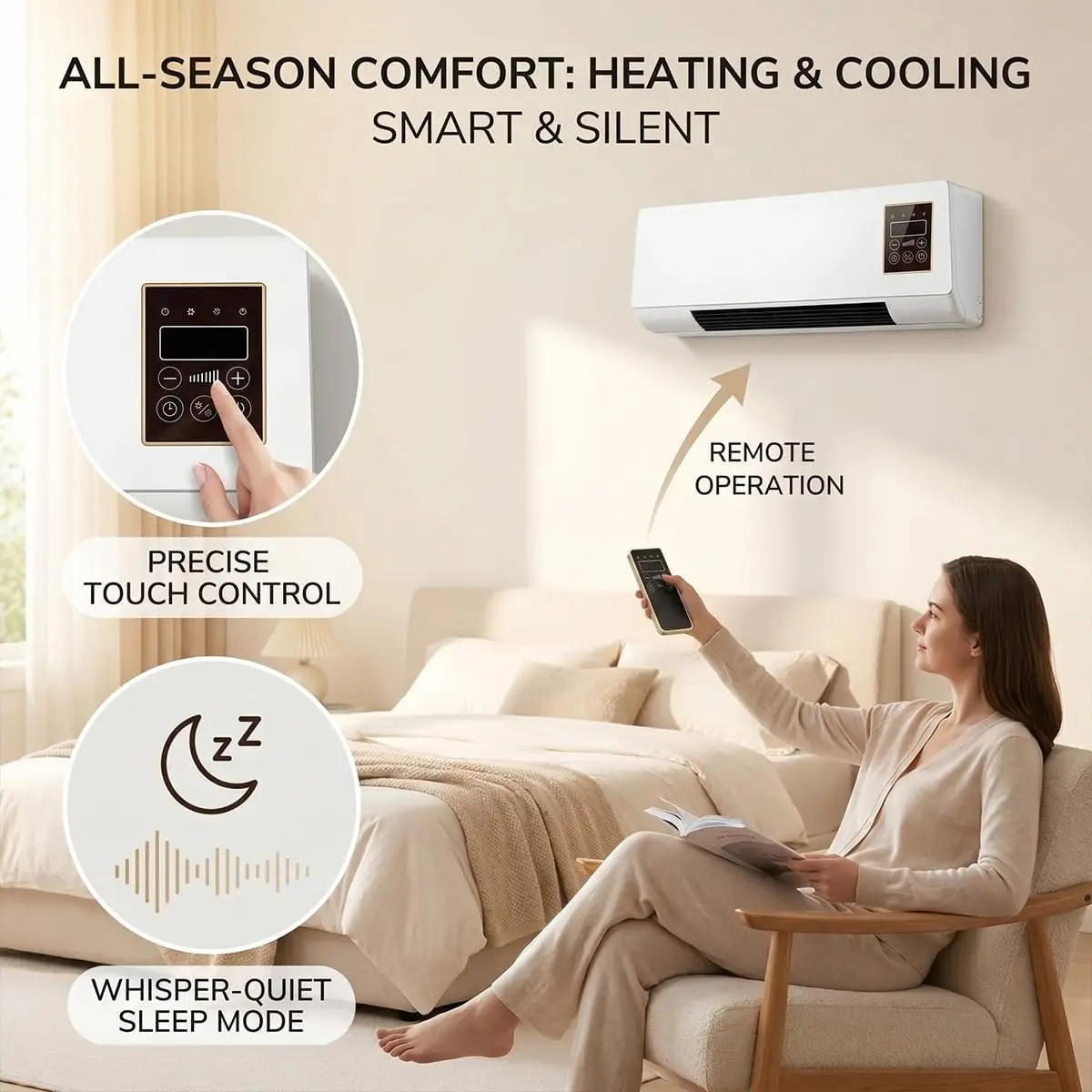 Portable Wall Mounted Air Conditioner Fan, 2 in 1 Ductless Mini AC Fan Unit, Without Window, Quiet Smart Heater and Cooling Combo with Remote Control for Bedroom Office Clothes Rack(White)