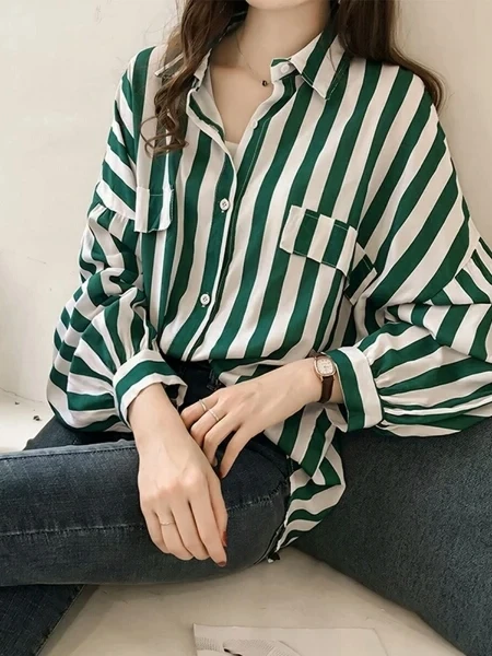

Women's Striped irt Long Sve Loose Batwing Sve Korean Sle plus Size Versatile Autumn Faion Casual Collar Top