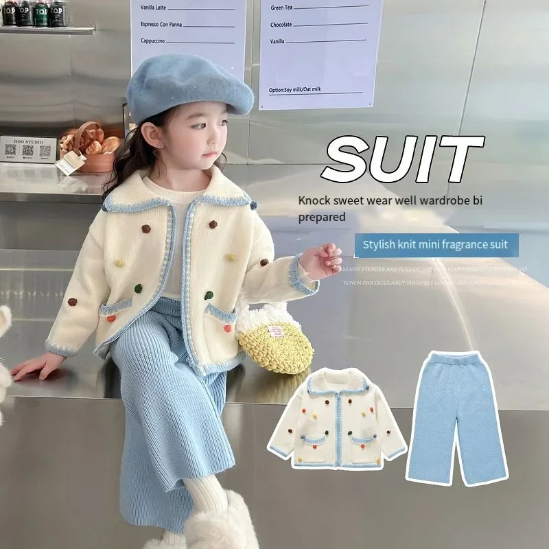 Anime Sanrioed Cinnamoroll Girls Sweater Coat Fall Fashion Outfit Cardigan Pants Two Piece Korean High Quality New Kids Clothes