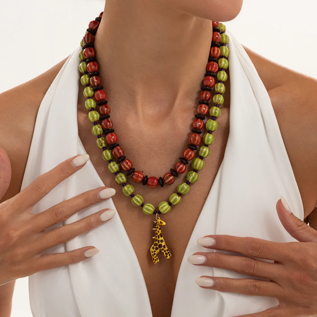 Retro Creative Giraffe Pendant Watermelon Pattern Ceramic Bead Necklace