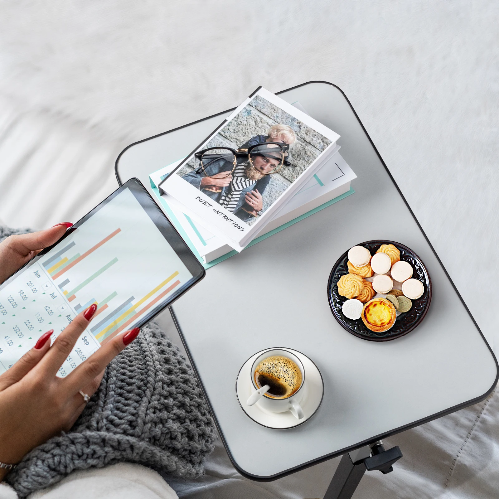 Table de chevet réglable multifonctionnelle, gris argent, NW, fer, 4 roues avec frein