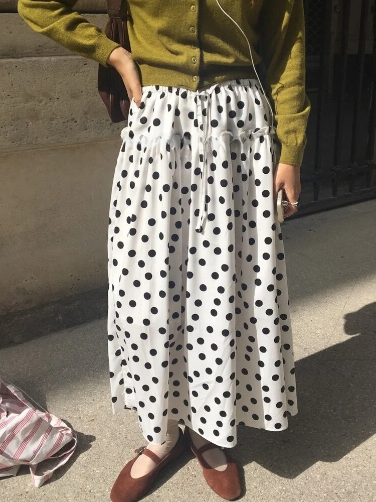 

High Waist Bow Tie Polka Dot Half Skirt Women's Retro Style Casual Wood Grain Midi Skirt Dongda Gate Style for Spring Au...