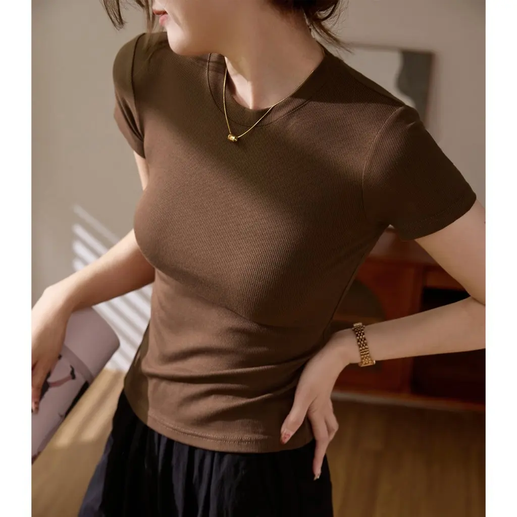 

Women's Summer T-shirt 300g High Elastic Cotton Short Sleeve Solid Color Large Size Fashionable Style