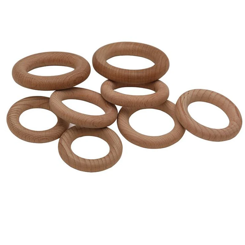 10Pc 50/55/60/70mm Beech Wooden Teether Ring Baby Teething Wooden Crafts Toys for Baby Rattles Wood Ring Crib Mobile Teether