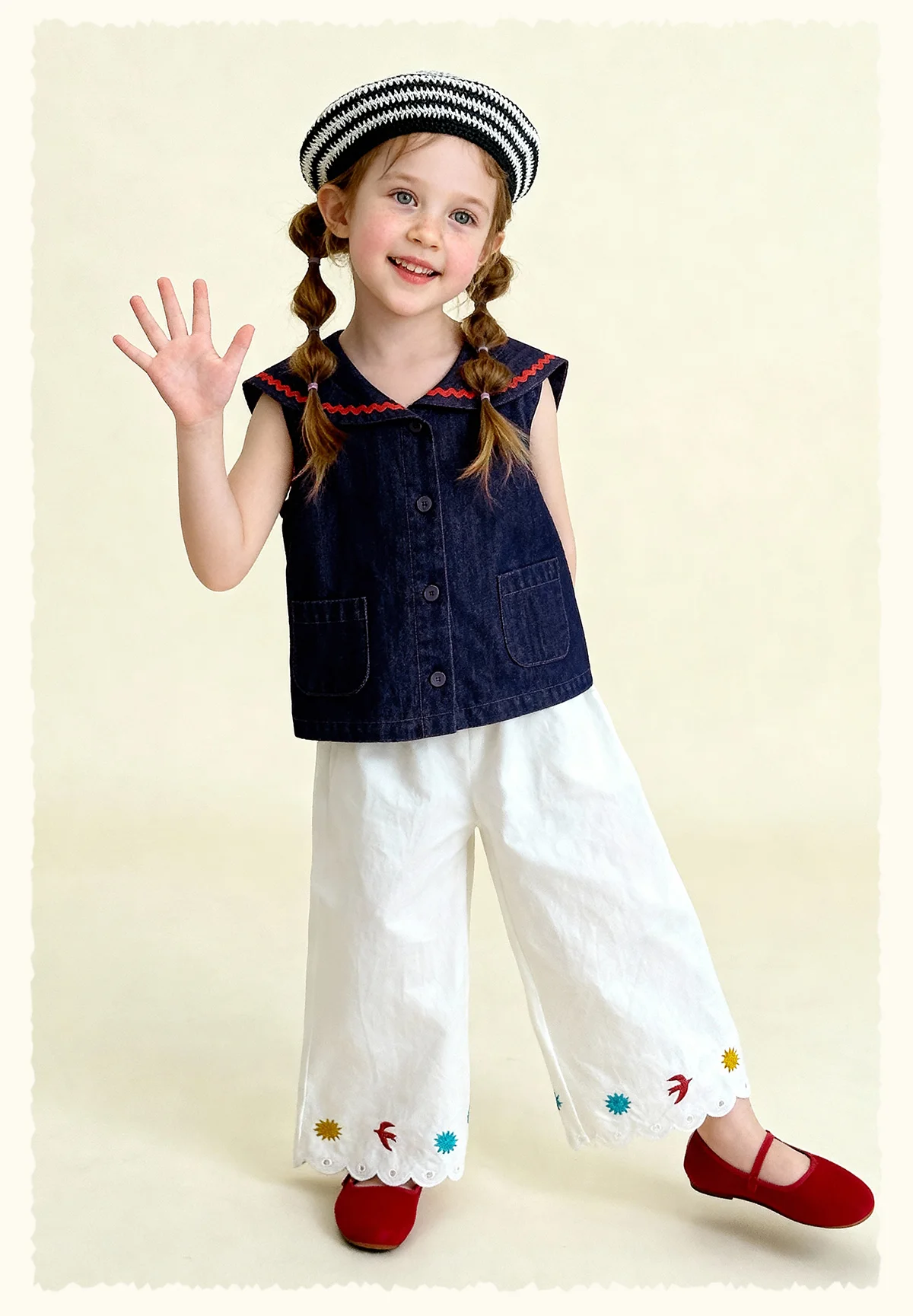 Amila 2026 Sommer Neue Kinder-Freizeithose mit Blumen- und Vogelstickerei, lockerer, lässiger Stil, einfarbig, weites Bein – Detail 17