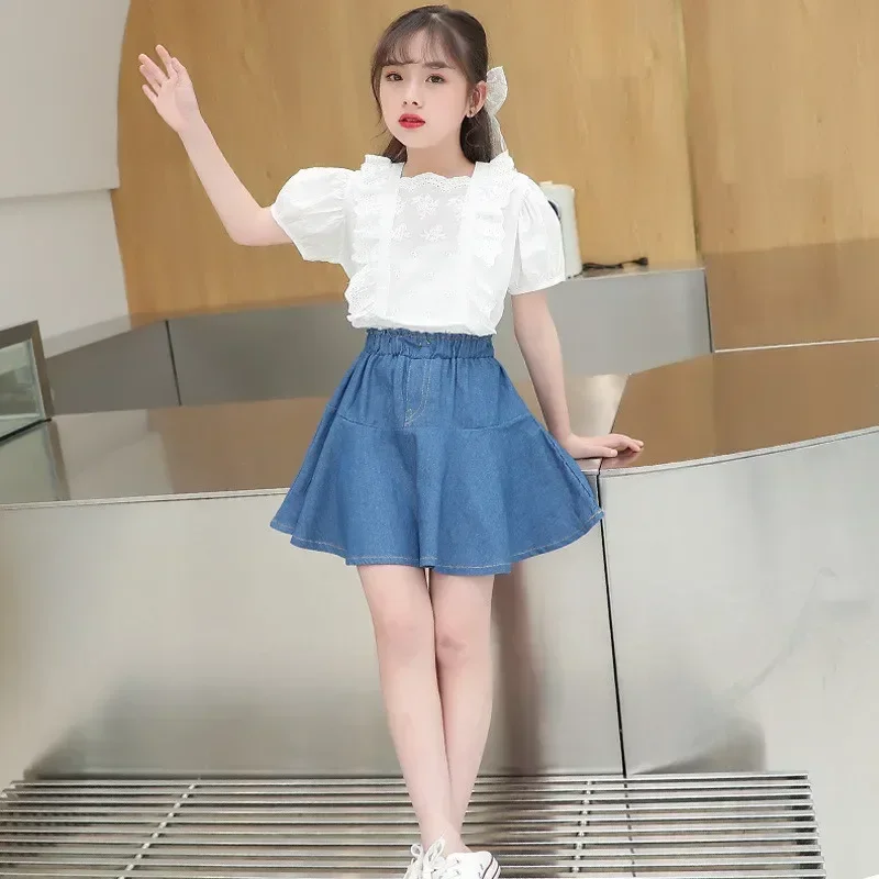 

Children's Clothing Set Summer Girls Puff Sleeve Shirt + Skirt Suit Fashion Outfits for Kids Baby Girl Clothes 5 6 8 9 10 Years