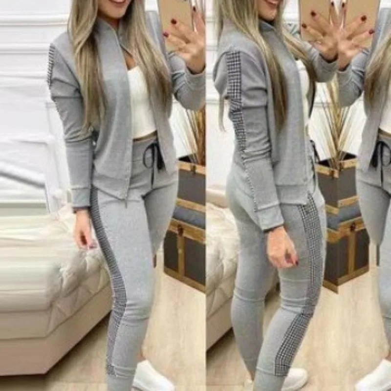 2025 herbst Winter Neue Mode frauen Casual Hosen Anzüge Lange-Länge Sportlich Casual Zipper Patchwork Plaid Set für frauen Y2K
