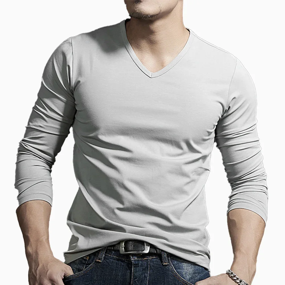 Men Autumn Tops Long Sleeves Muscle T-shirt V Neck Slim Blouse Activewear Solid Elasticity Tee Casual Comfort Soft Undershirt