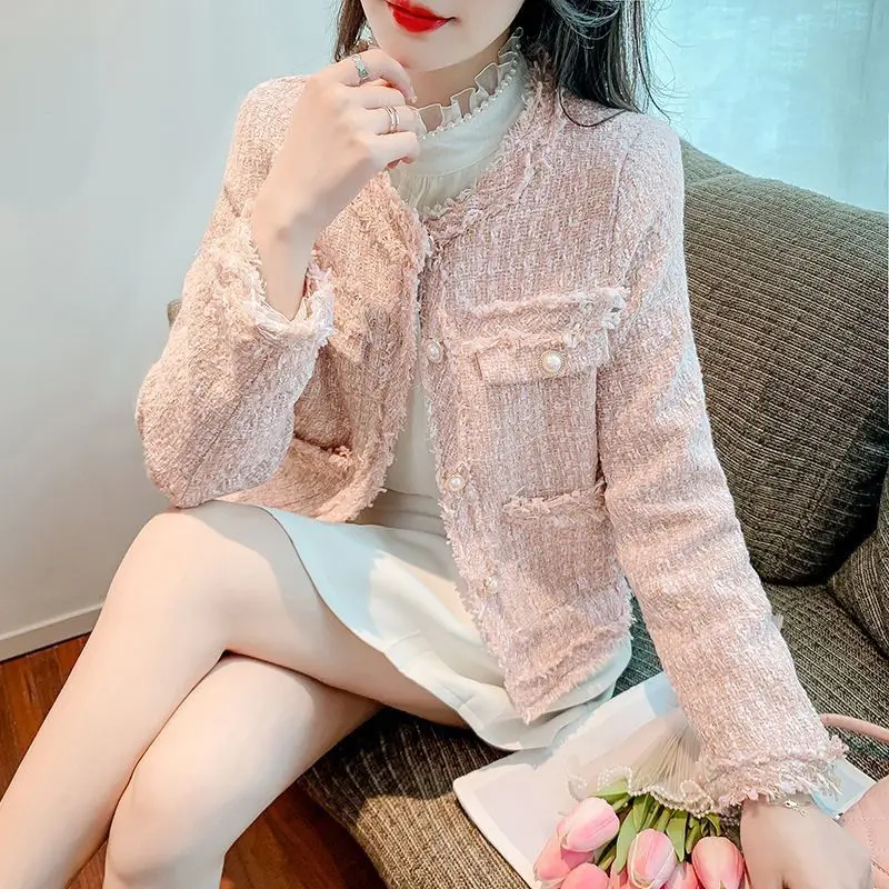 Women Clothing Round Neck Long Sleeves Wool Coat Single-breasted Tweed Jacket Korean Fashion Crop Tops Spring Autumn Outerwear