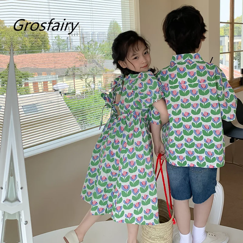 

Grosfairy Children Summer Fashion Floral Holiday Outfits Cotton Brother Sister Cothings Boys Shirts Girls Lace-up Dress