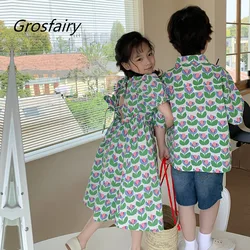 Grosfairy Children Summer Fashion Floral Holiday Outfits Cotton Brother Sister Cothings Boys Shirts Girls Lace-up Dress