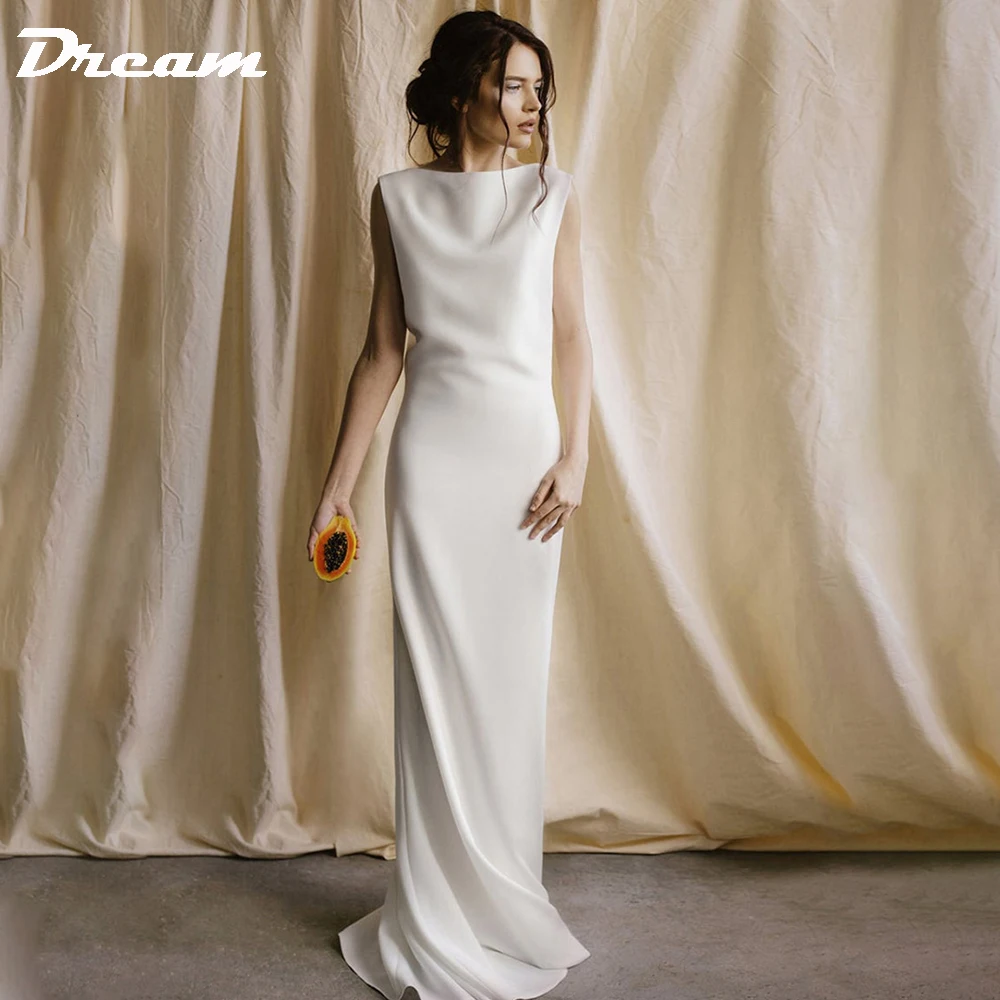 DREAM Stretchy Crepe Sheath Simple Wedding Dress Sleeveless Open Back Boat Bateau Neck Elegant Bridal Gown