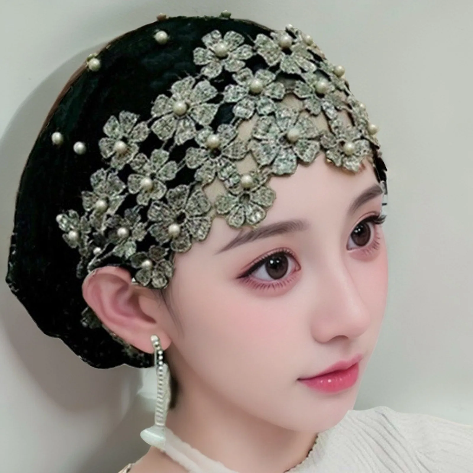 

Wholesale Lace Hats Blue Black Scarf Ethnic Caps Diamond Strecth Africa Women Muslim Headband Hat Spring Breathable Headband Hat