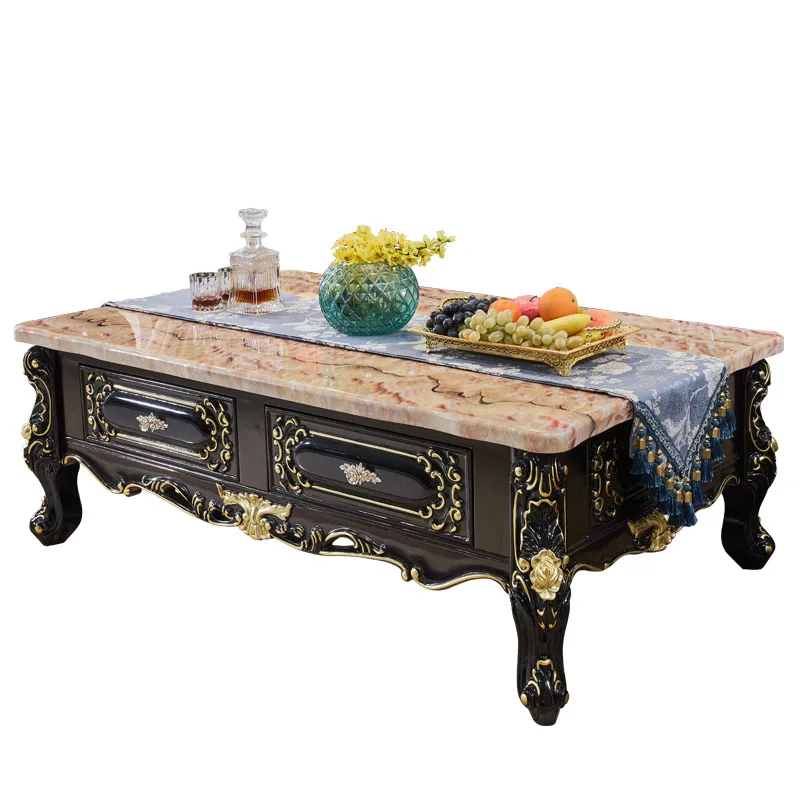 

European coffee table TV cabinet combination living room marble French floor cabinet solid wood carving flower high-end square