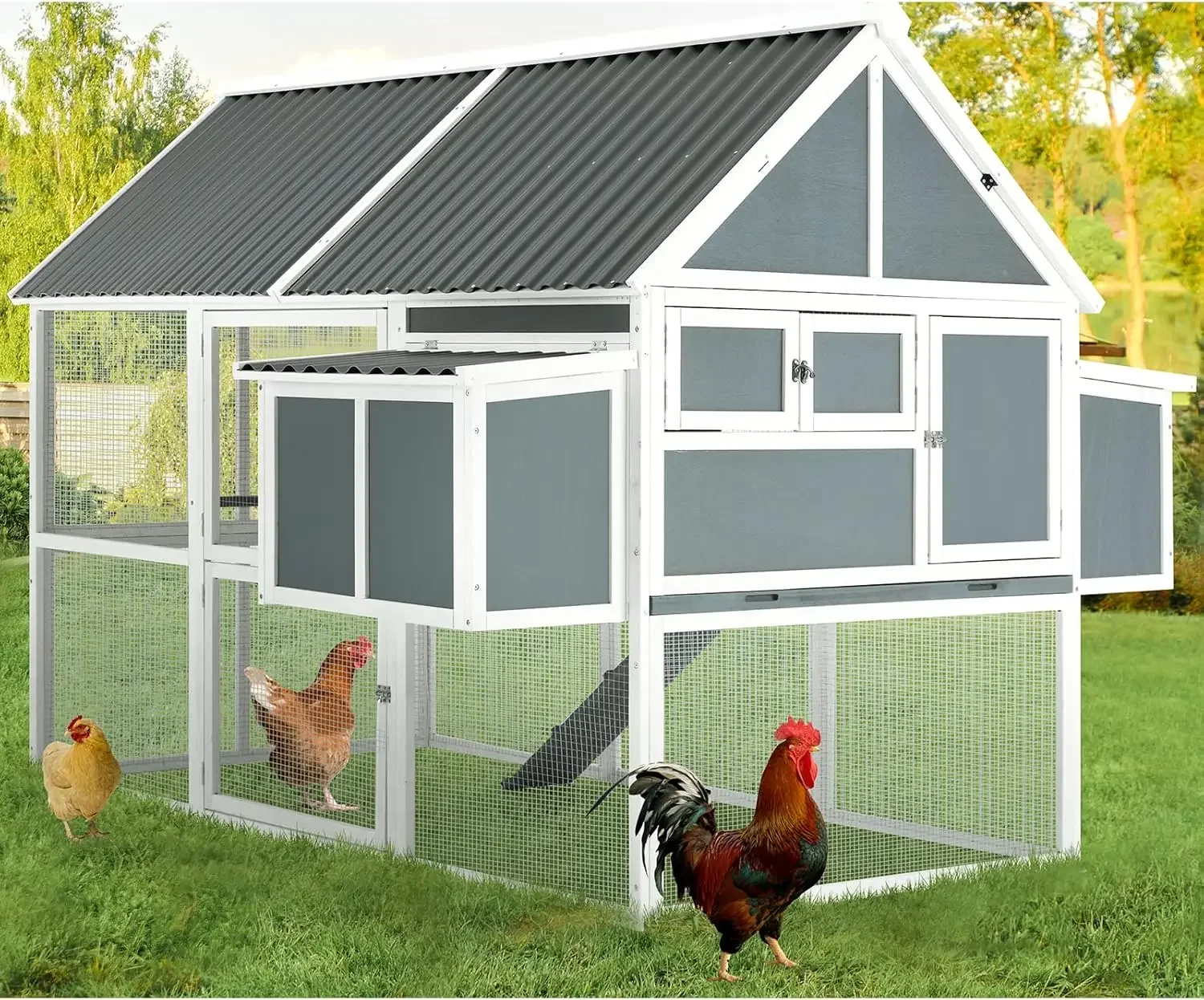 84” Large Chicken Coop, Outdoor Wooden Hen House Poultry Cage for 8-10 Chickens Walk in Chicken House with Run