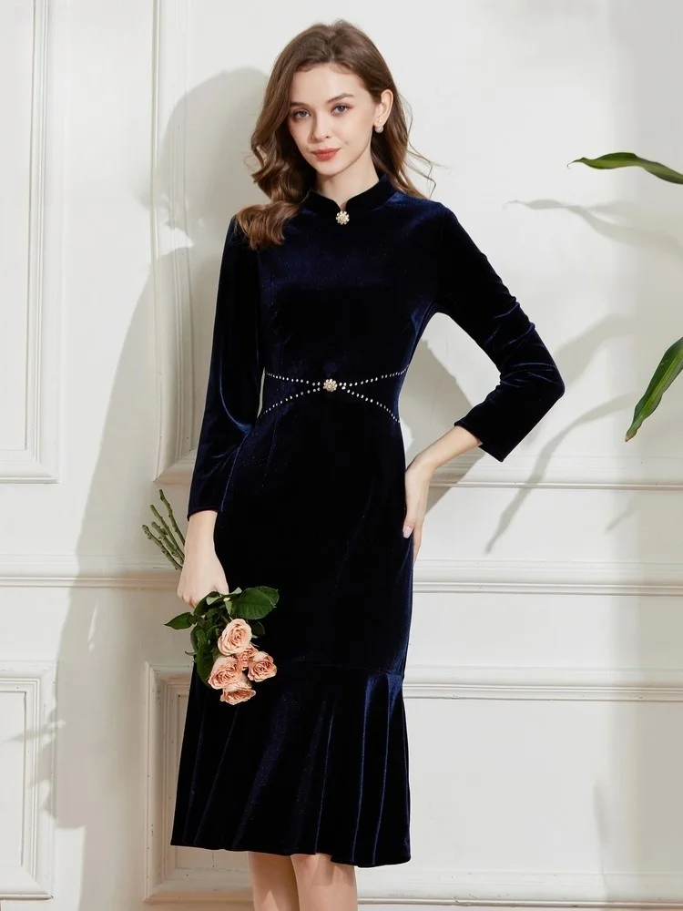 

Классическое и элегантное бархатное платье с воротником-стойкой для женщин, новый дизайн, китайский рыбий хвост.