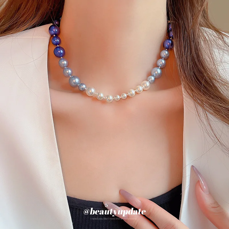 French gradual change blue necklace pearl line light luxury collarbone chain daily commuter jewelry ladies necklace