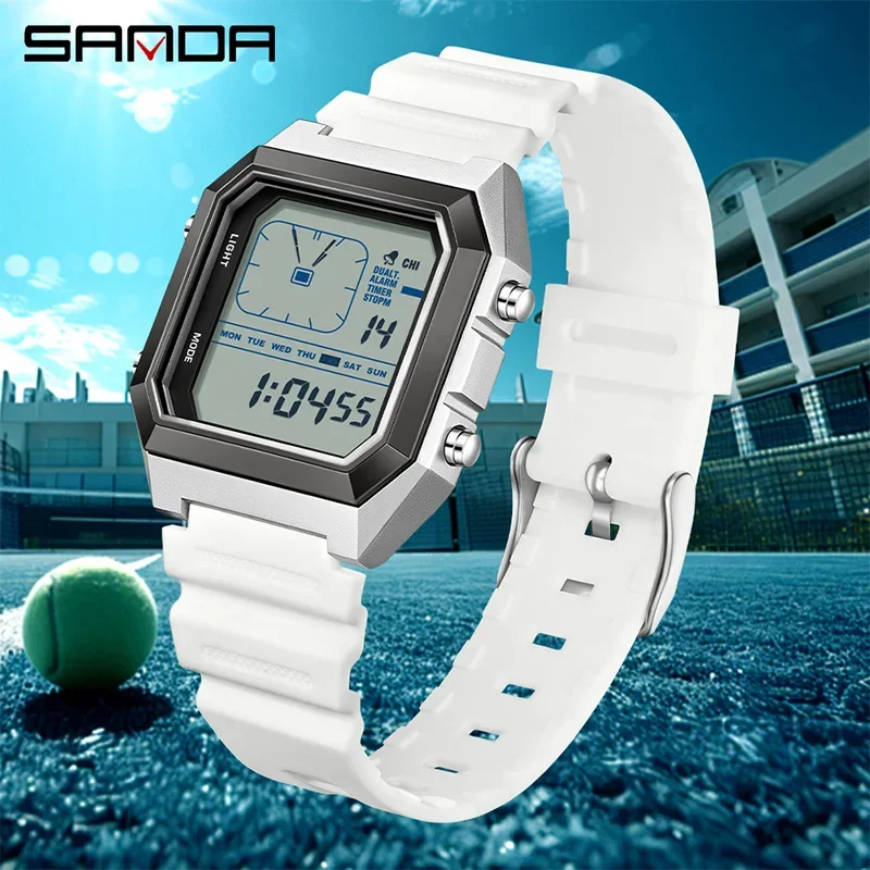 SANDA Fashion ساعات رقمية للرجال متعددة الوظائف مضيئة كرونوغراف التقويم الرياضة في الهواء الطلق مقاوم للماء ساعة رجل إلكترونية