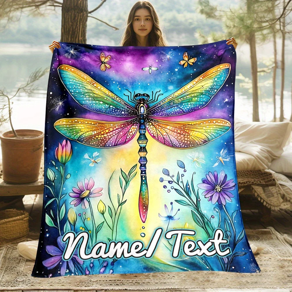 Custom name colorful dragonfly fleece blanket, suitable for sofa, bed, birthday, girl, friend, gift.