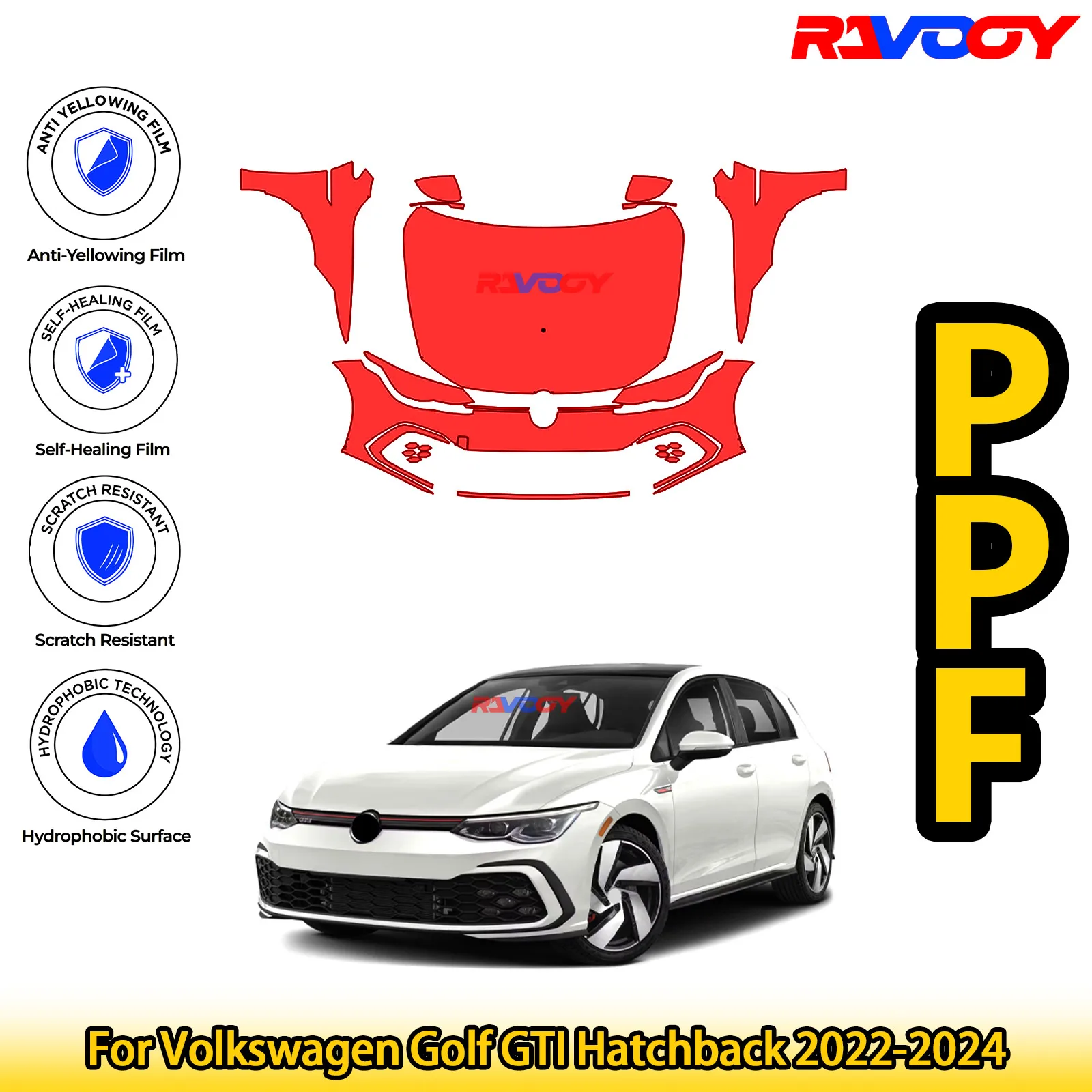 

Для Volkswagen Golf GTI Hatchback 2022-2024 глянцевая матовая черная предварительно вырезанная передняя защитная пленка PPF Kit