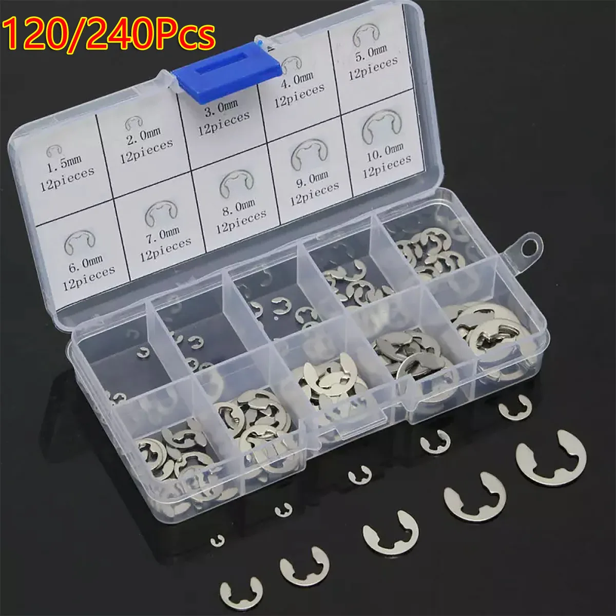 120/240Pc 304 Stainless Steel E-Clip Retaining Snap Opening Ring Circlip Kit 10 Size M1.5/2 /3/4/5/6/7/8/9/10mm with Plastic Box
