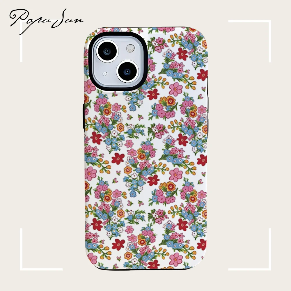 Hand Painted Little Floral Flowers Phone Case For iPhone 16 15 13 12 11 Pro Max 15 16 14 Plus 2 In1 Hard Protection Back Cover