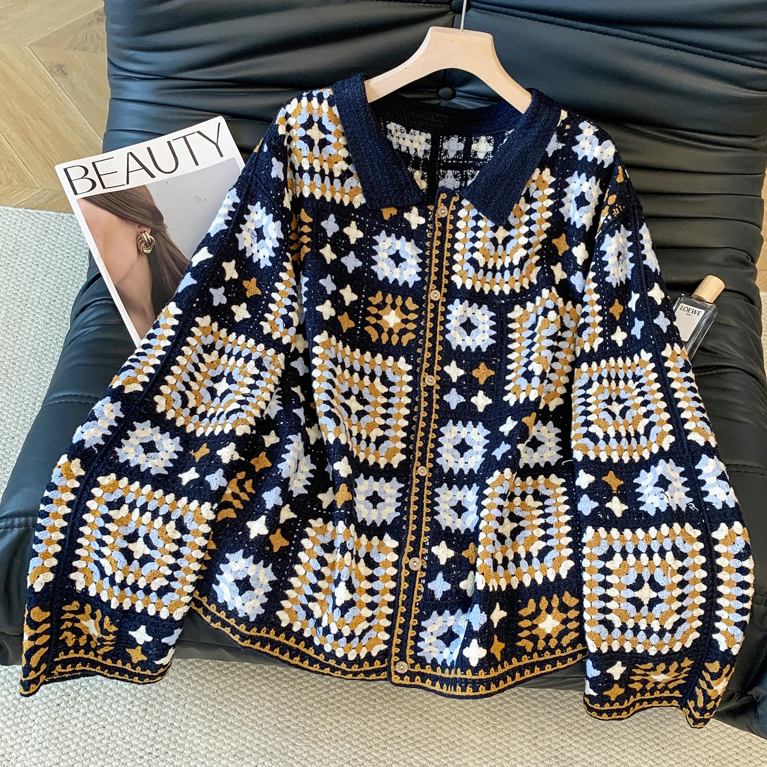 

Design Sensation Loose Collar Knitted Sweater Women's Thin Sle Spring Autumn Open Cardigan Knittedwear Casual Faion