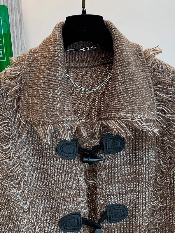 فضفاضة تناسب سترة مشغولة من الصوف المرأة عادية Sle الخريف الشتاء جديد وصول المتوترة شرابة زر حتى أعلى كسول شيك ملابس خارجية #4