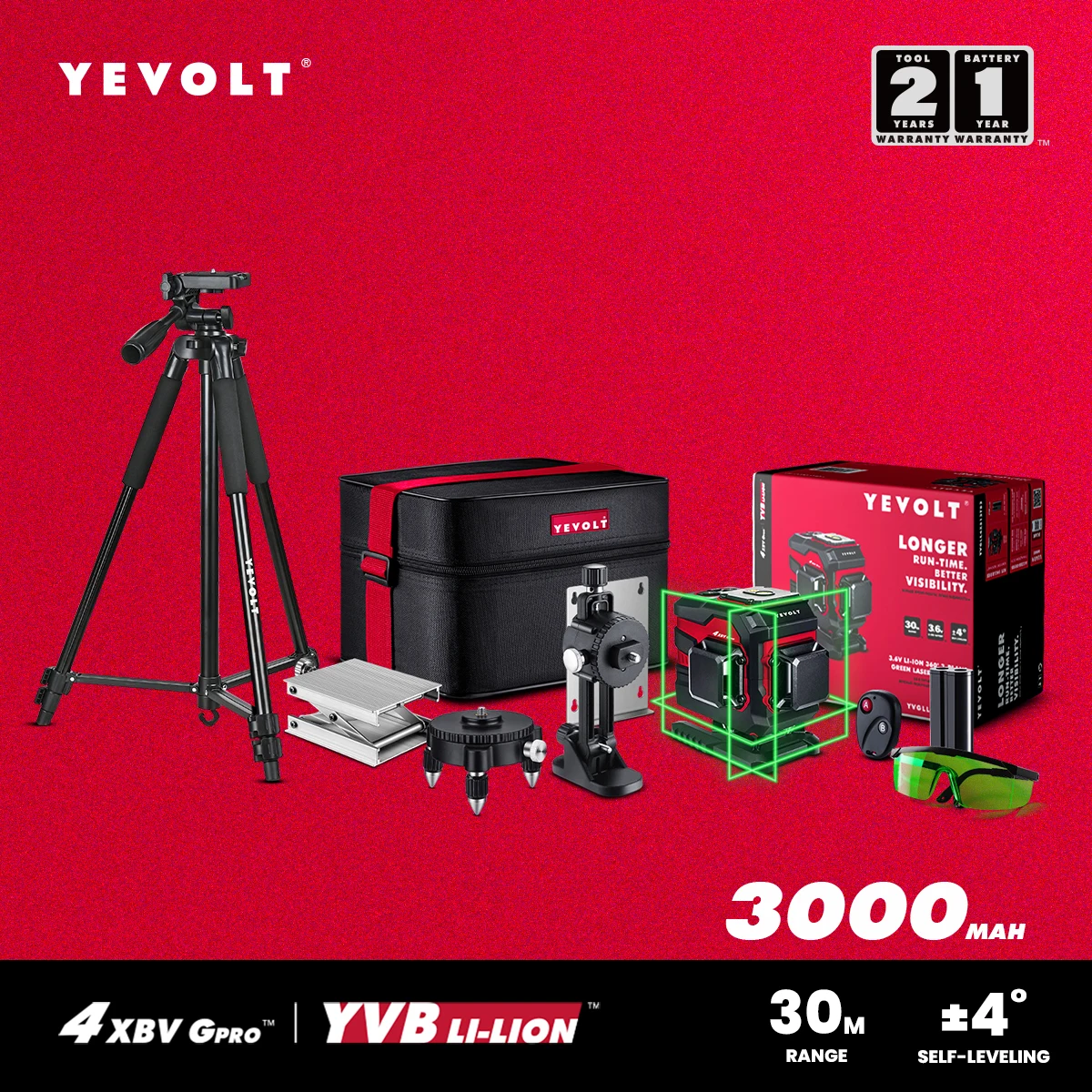 

YEVOLT TP-YVGLL4XS12B2 1.5M Tripod 12-Line 360° 3D Green Laser Level Kit-3000mAh Battery Wall Bracket Rotating Base Oxford Bag