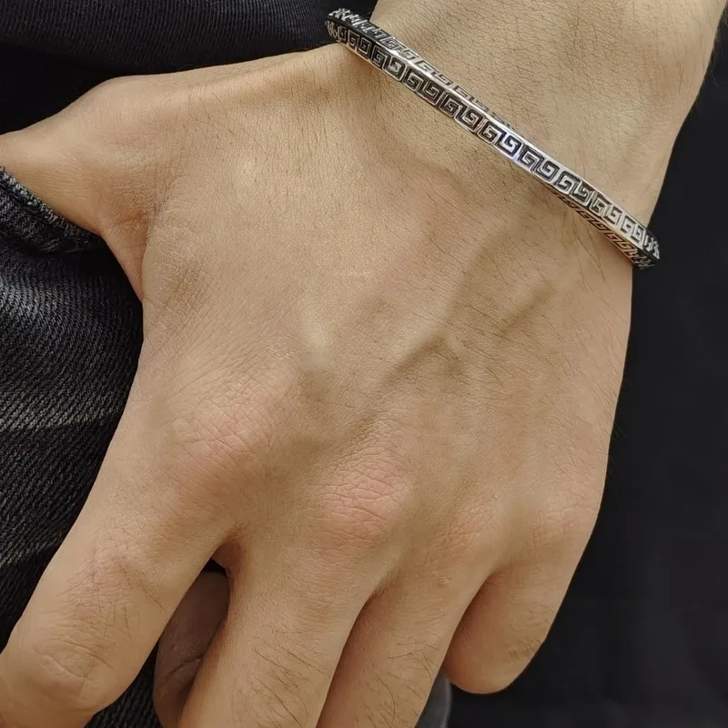 925 Silver Men'S Vintage Open Bangle Withöbius Ring Pattern