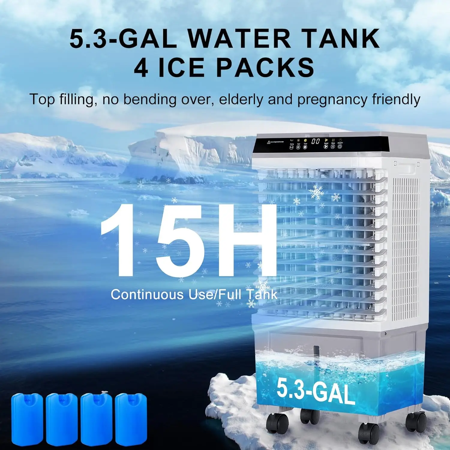 مبرد مستنقع، مبرد هواء تبخيري 3 في 1 مع محرك نحاسي جديد مطور 2025، خزان مياه 5.3 جالون، 4 عبوات ثلج، مؤقت 12 ساعة