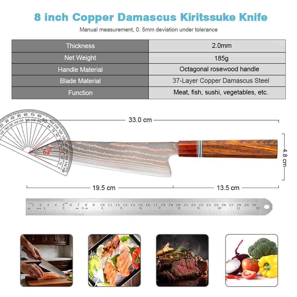 XITUO 8 Inch  Kiritsuke Knife, 37-layer Copper Damascus Steel Sharp Kitchen Chef Knife for Cut Meat, Vegetables, Rosewood Handle