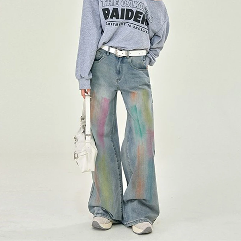 FINEWORDS Vintage Casual Korean Printed Jeans Women Streetwear Rainbow Graffiti Jeans Easymatch Wide Leg Denim Baggy Pants