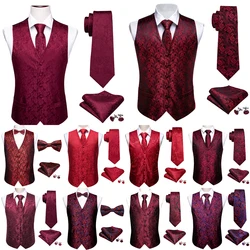 Elegant Men's Vest Dress Silk Embroidered Red Burgundy Paisley Flower Formal Suit Waistcoat Tie Set Jacket Wedding Barry Wang